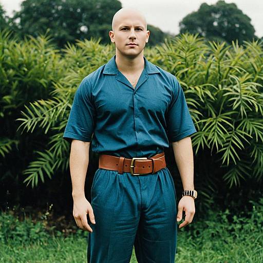 Bald Man in Blue Shirt and Brown Belt Outdoors