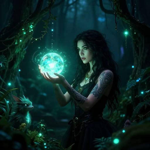 Mystical Witch in Lush Bioluminescent Garden