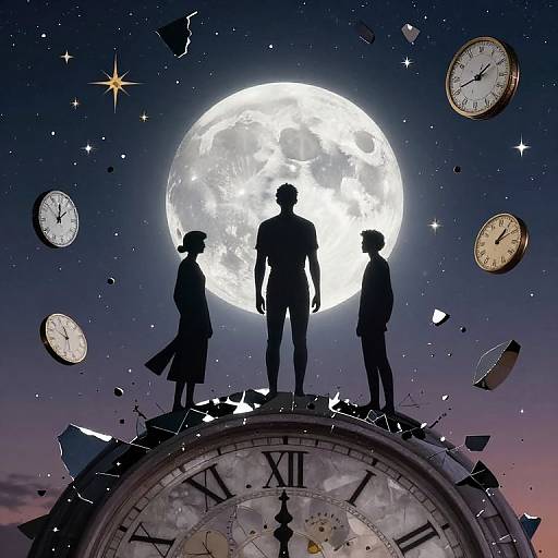 Silhouetted figures stand on a shattered clock against a full moon, surrounded by floating clocks and stars in a twilight sky.