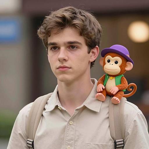 Young man with cartoon monkey on shoulder