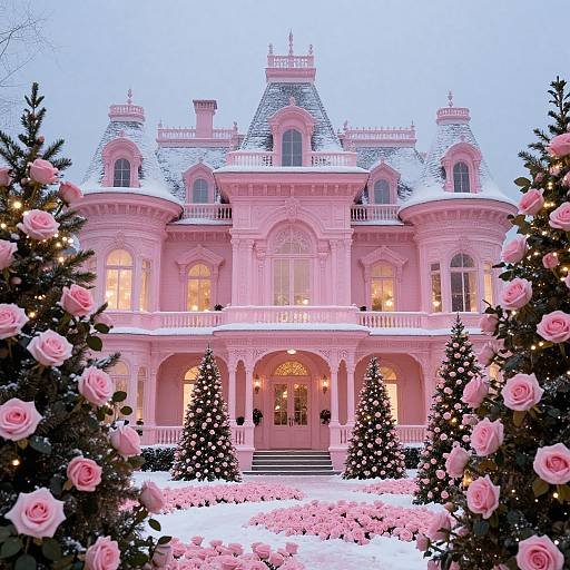 Photograph of a pink, Victorian-style mansion at twilight, adorned with pink roses, Christmas trees, and snow, illuminated by warm lights.