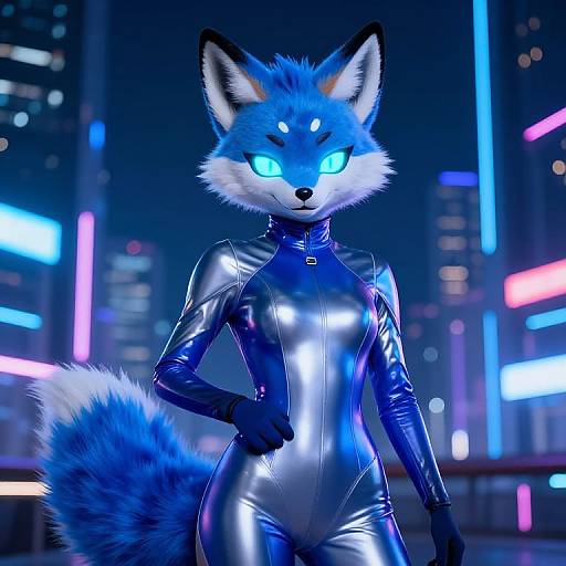 Cybernetic blue fox with glowing eyes in a shiny, silver-blue latex suit stands confidently in a neon-lit cityscape. CGI artwork.