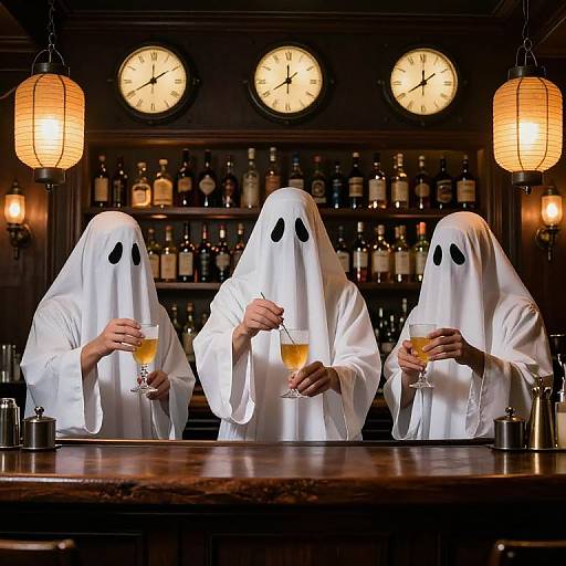 Photograph of three people in white ghost masks, holding champagne glasses, standing at a bar with clocks and liquor bottles.