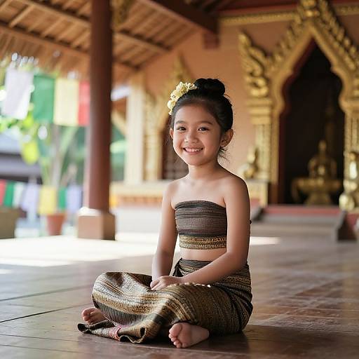 Photograph of an adorable young Asian girl with dark hair in a bun, smiling, wearing a brown striped tube top and matching pants, sitting cross-legged