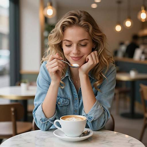Woman Enjoying Cappuccino in Café