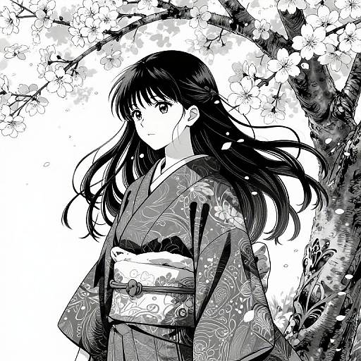 Black-and-white manga-style drawing of a young woman with long black hair, wearing a floral kimono, standing under blooming cherry blossom tree.
