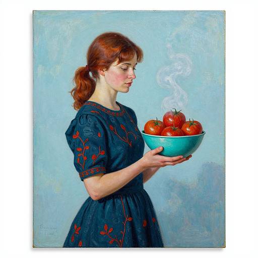Realistic digital painting of a red-haired woman in a dark blue dress with red floral patterns, holding a steaming bowl of red tomatoes against a light