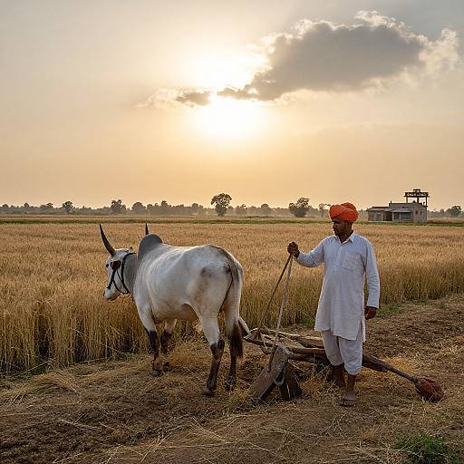 Photograph of a farmer in white attire and orange turban guiding a white ox through a golden wheat field at sunset.
