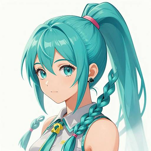 Anime-style digital illustration of a turquoise-haired girl with a high ponytail and braid, wearing a white and teal outfit, looking forward with a slight