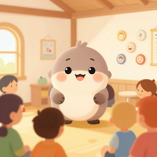Cute, chibi-style digital drawing of a chubby, gray, round, smiling animal with blushing cheeks, performing for a group of children in