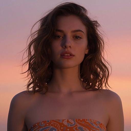 Photograph of a young woman with wavy brown hair, wearing an orange patterned strapless top, against a pink and purple sunset sky.