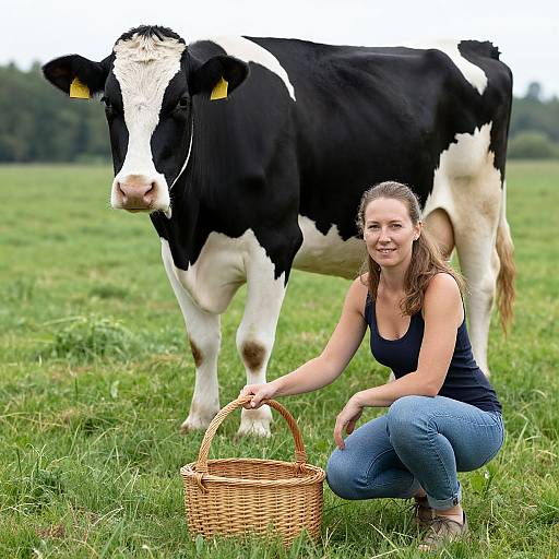 Woman with Holstein Cow in Field
