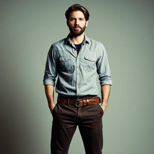 Stylish man in denim shirt and brown pants