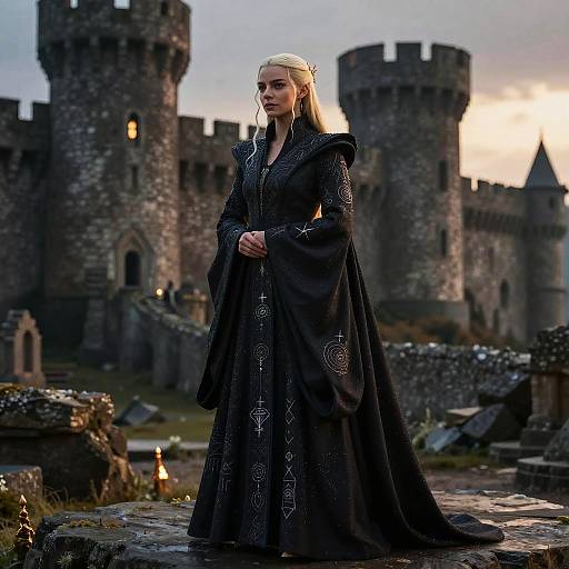 Photograph of a blonde woman in an elaborate black medieval gown with intricate designs, standing in a ruined castle courtyard at sunset.