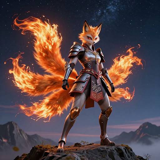 CGI fantasy image of a fierce, anthropomorphic fox warrior with fiery tails, standing in armored gear on a rocky mountain under a starry night sky