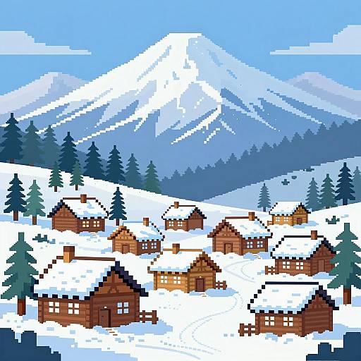 Charming Pixel Art Mountain Village Scene