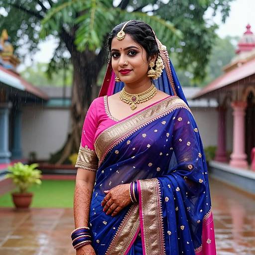 Photograph of a smiling Indian woman in a blue and pink traditional saree with gold embroidery, wearing gold jewelry, standing in a rainy courtyard with lush