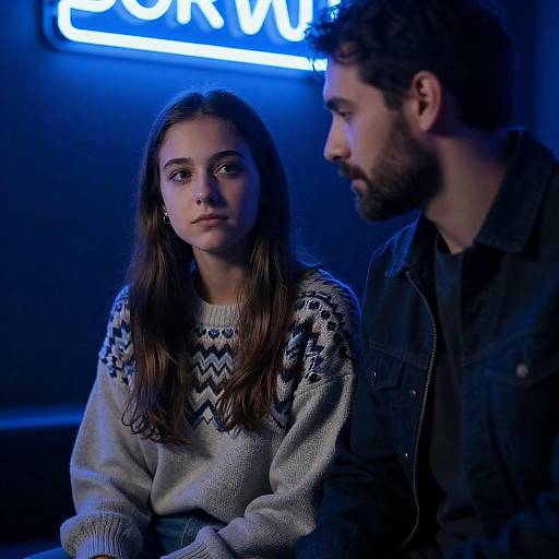 Blue Neon Couple Portrait in Cafe