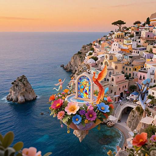 Photograph of colorful coastal Italian town with vibrant flower-adorned church, dragon statue, and ocean view at sunset.
