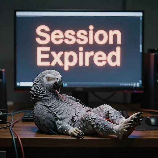 Cinematic Cyberpunk Parrot on Desk