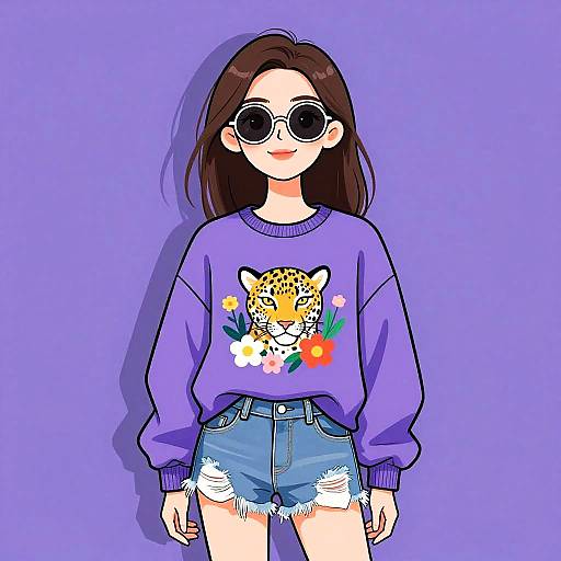 Digital anime-style drawing of a young woman with long brown hair, round sunglasses, purple sweatshirt with leopard graphic, and frayed denim shorts, against
