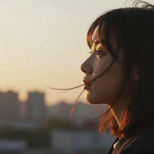 Photograph of a young woman in profile with dark hair, sunlit against a blurred cityscape at sunset, strands of hair gently blowing in the wind