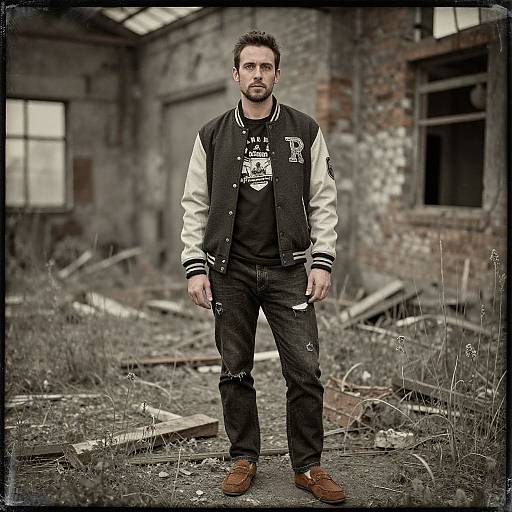 Photograph of a bearded man in a black and white varsity jacket, black shirt, and jeans, standing in a dilapidated, abandoned