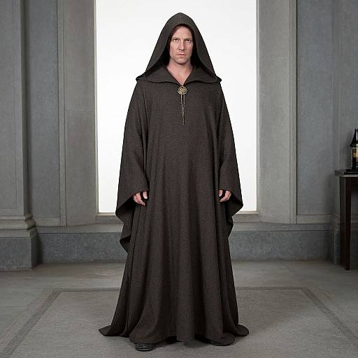 Photograph of a serious-looking man with pale skin and dark brown eyes, wearing a long black hooded robe, standing in front of a bright white