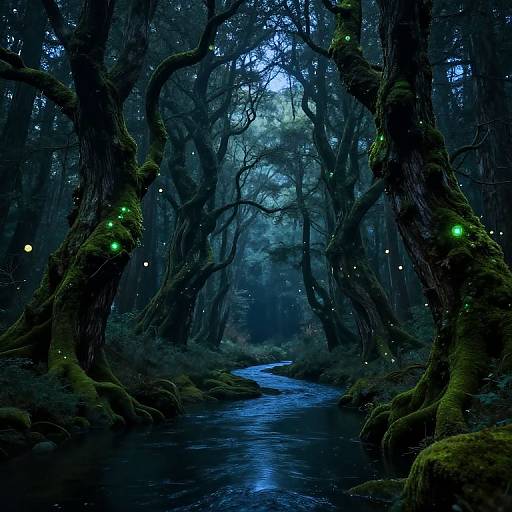 Mysterious, dark forest with twisted, moss-covered trees illuminated by glowing green lights; a serene, reflective blue stream runs through. Magical, ethereal