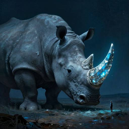 Digital artwork of a glowing, blue-illuminated rhinoceros with a futuristic horn, towering over a small, silhouetted figure