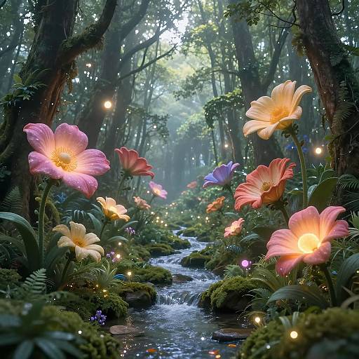 Enchanted forest scene: vibrant pink, orange, and yellow flowers surround a glowing, mossy creek, illuminated by twinkling fairy lights. Phot