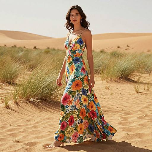 Woman in Floral Maxi Dress Desert Walk