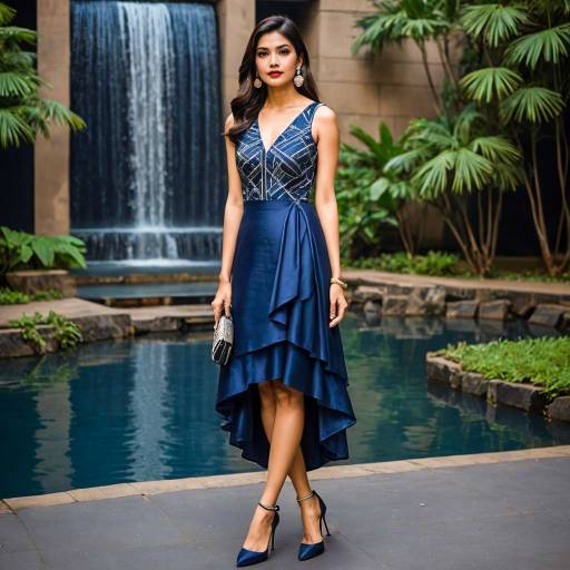 Elegant Woman in Midnight Blue Dress by Waterfall