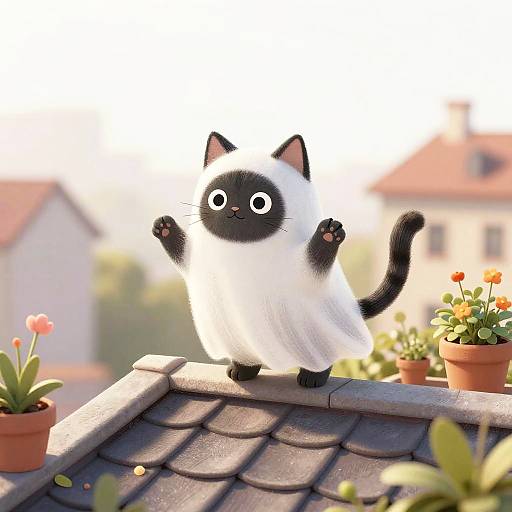Cute CGI cartoon Siamese kitten with black ears, face, and paws, standing on a rooftop with potted flowers and blurred houses in