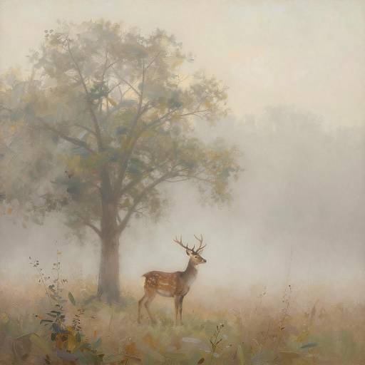 Impressionist Misty Morning with Deer