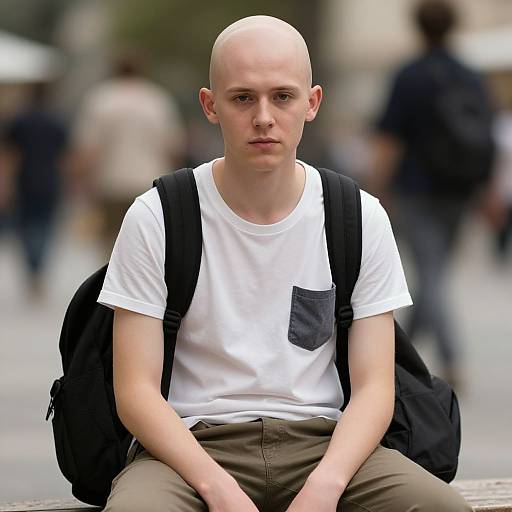 Photograph of a bald, young Caucasian man with fair skin, wearing a white T-shirt, khaki pants, and a black backpack, sitting in