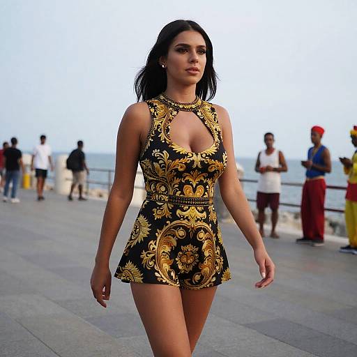 Photograph of a confident woman with dark hair, wearing a black and gold ornate mini dress, walking along a seaside promenade with blurred pedestrians in