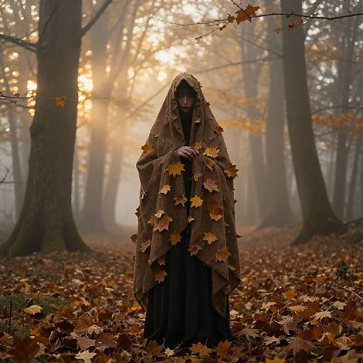 Mysterious figure in brown cloak adorned with autumn leaves stands in misty forest, surrounded by fallen leaves and tall trees. Photograph.