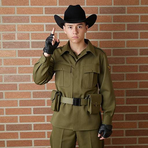 Photograph of a young Asian woman in an olive green police uniform, black cowboy hat, finger raised, brick wall background.