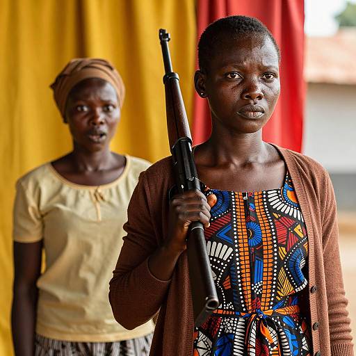 African Woman Holding Rifle with Serious Expression