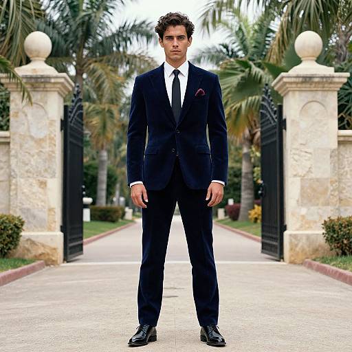 Photograph of a handsome young man in a black suit, white shirt, and black tie, standing confidently on a palm-tree-lined driveway.