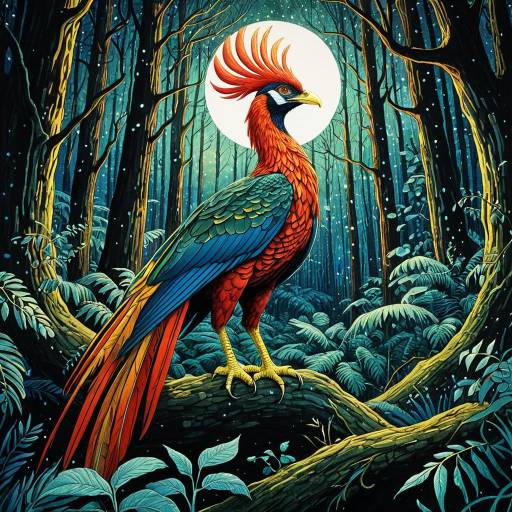 Colorful Phoenix in Magical Night Forest
