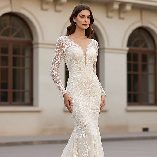 Photograph of a beautiful woman with long dark hair in a white lace long-sleeve wedding dress, standing in front of an arched building with