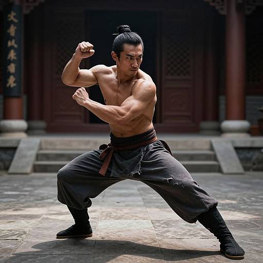 Photograph of a muscular, shirtless Asian man with black hair in a bun, performing a Taekwondo stance in a traditional courtyard.