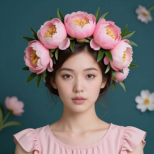 Photograph of an East Asian woman with fair skin, wearing a pink floral crown and pink dress, against a blue background with blurred flowers.