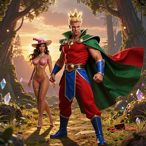 Digital art of a muscular, crown-wearing man in red and blue with green cape, holding the hand of a curvy woman in pink bikini and