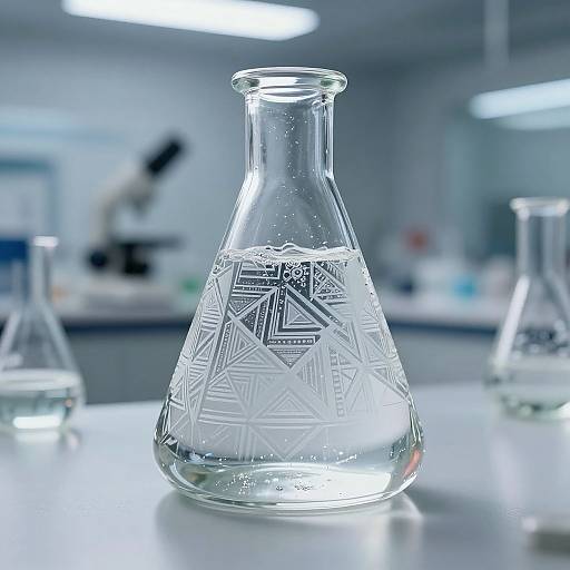 Photograph of a clear, patterned Erlenmeyer flask with water on a lab table, blurred microscope in background, bright fluorescent lighting.