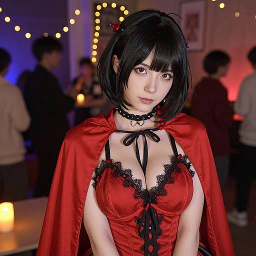Photograph of an East Asian woman with black bob hair, wearing a red lace corset, black choker, and cape, in a dimly