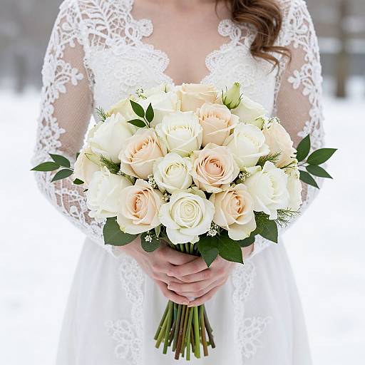 Photograph of a bride in a white lace dress holding a bouquet of creamy white and pale peach roses with green leaves.
