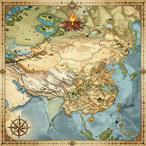 Detailed fantasy map with a volcanic eruption, intricate border, compass, and runes, depicting a colorful, mountainous, and oceanic continent.